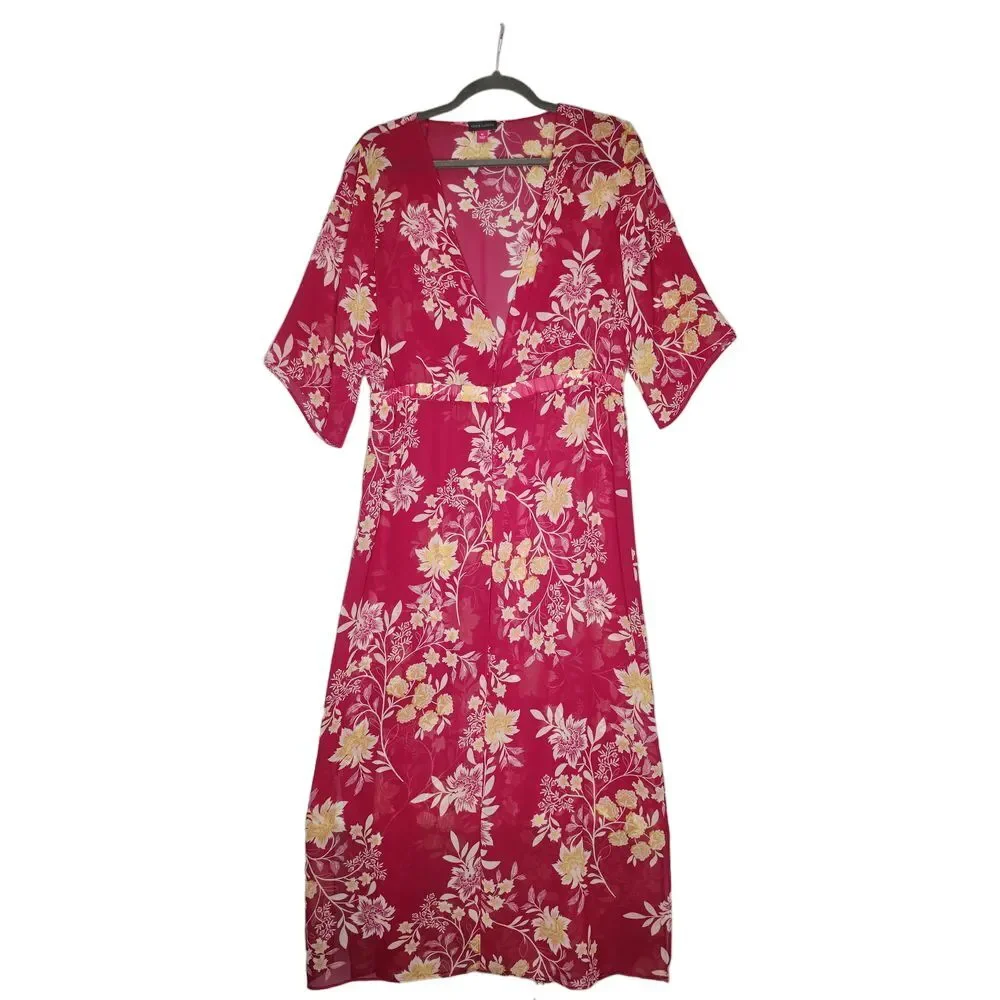 Vince Camuto Women's Pink V-neck Floral Chiffon Cover up‎  Duster Size Med